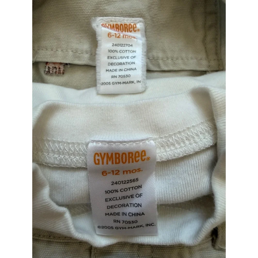 VTG Gymboree Baby Boy 2pc Set Khaki Tiger Embroidered Cargo Overalls Shirt 6-12M